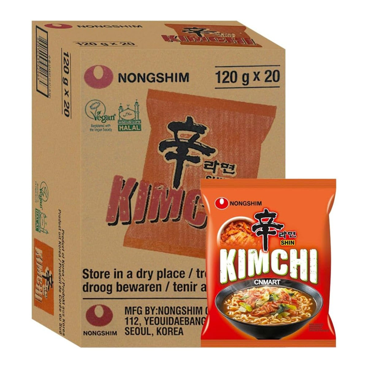 Nongshim Shin Kimchi instant noodles 120g pack, bulk box of 20, Korean spicy kimchi ramen packaging displayed with carton and single packet
