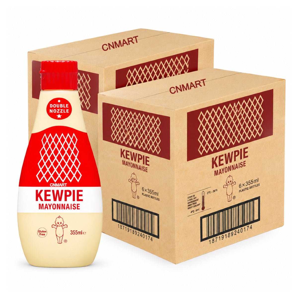Kewpie Japanese Mayonnaise Double Nozzle Gluten Free No Added MSG 355ml (Pack of 12)