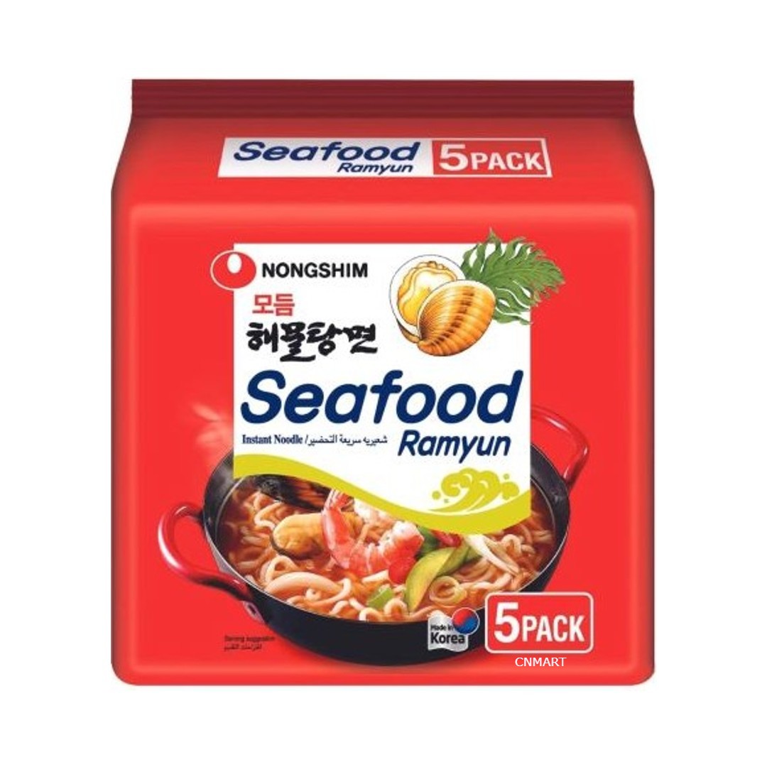 Nongshim Seafood Ramyun 5 Pack in red packaging, showing clams illustration and a bowl of Korean spicy seafood noodle soup.