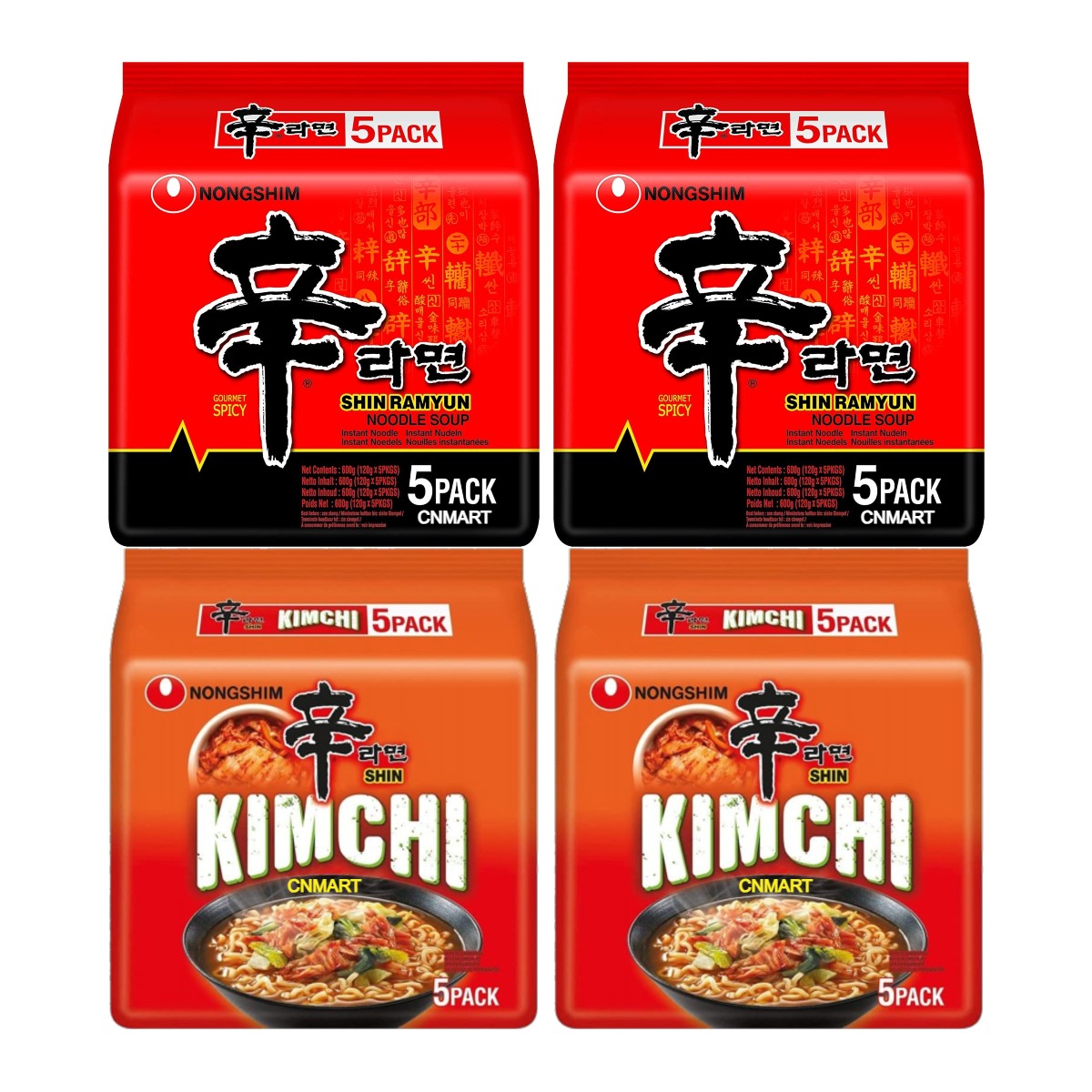Nongshim Shin Ramyun and Kimchi instant noodle 5 pack bundles showing Korean spicy ramen packaging