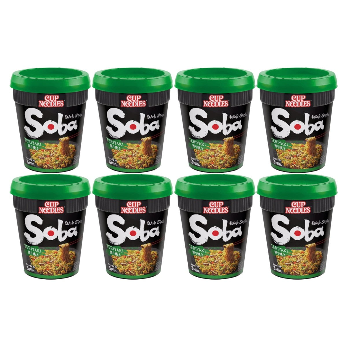 Nissin Soba Cup Noodles Teriyaki Flavour Wok Style 90g instant noodle cups multipack Pack of 8 with Japanese-style stir-fried noodles and green lids on white background