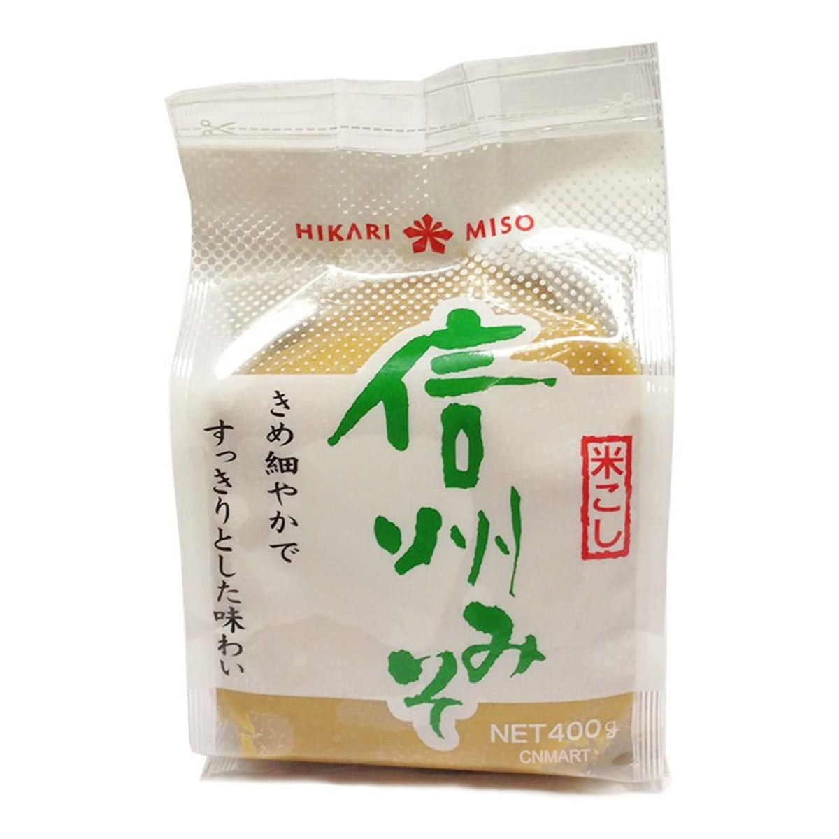 Hikari Shinshu Miso 400g Japanese fermented soybean paste in a sealed plastic pouch with green and red label text.