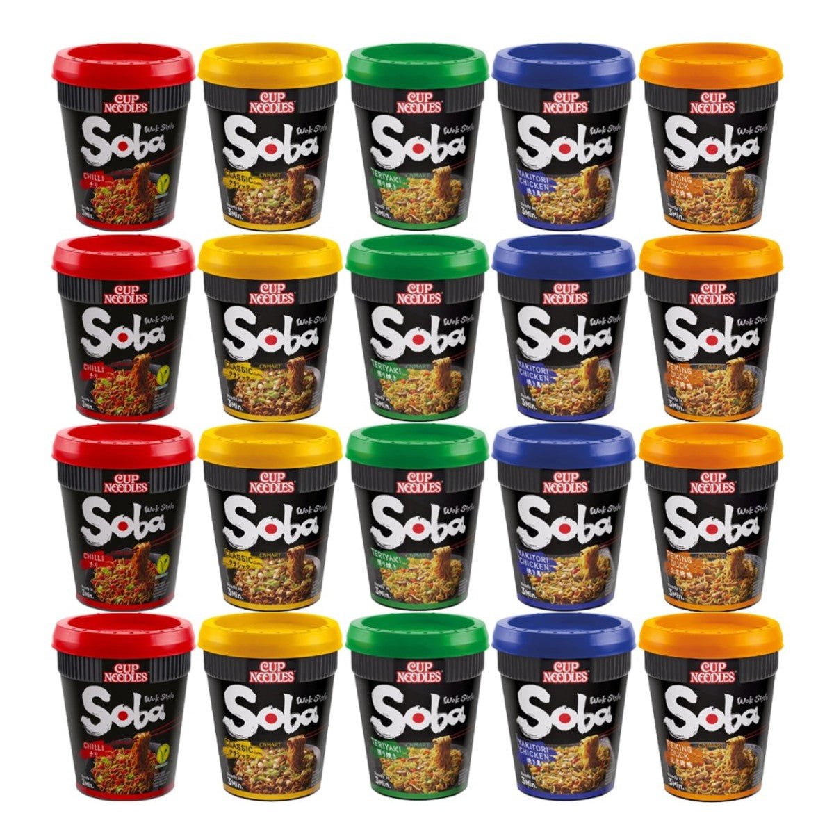 Nissin Soba Cup Noodles Wok Style Assorted Bundle 5 Different Flavours (Pack of 20)