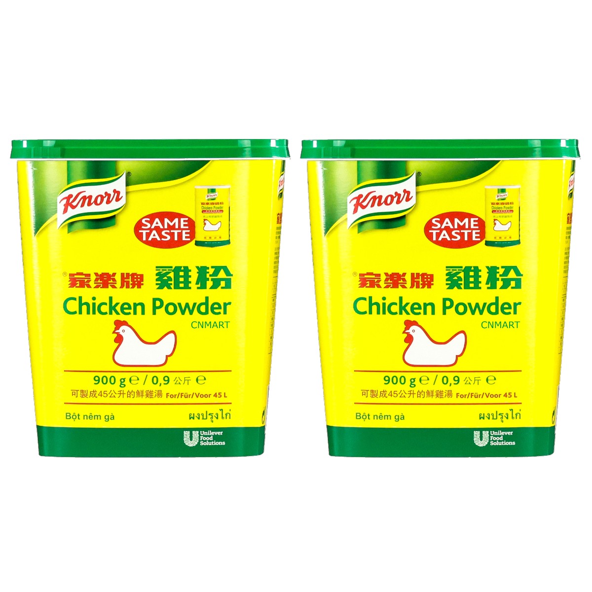 Knorr Chicken Powder Bouillon 900g (Pack of 2) featuring two large seasoning tubs with green lids and bright yellow packaging, displaying Knorr branding, chicken powder labelling, 900g size, and a bulk format suitable for soups, broths, noodles, rice dishes and everyday cooking.