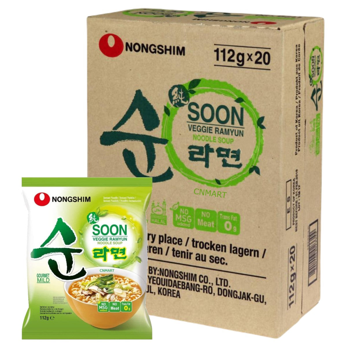 Nongshim Soon Veggie Ramyun 112g × 20 Pack showing the large brown wholesale carton and a single retail packet, featuring the vegan and no-meat labels.