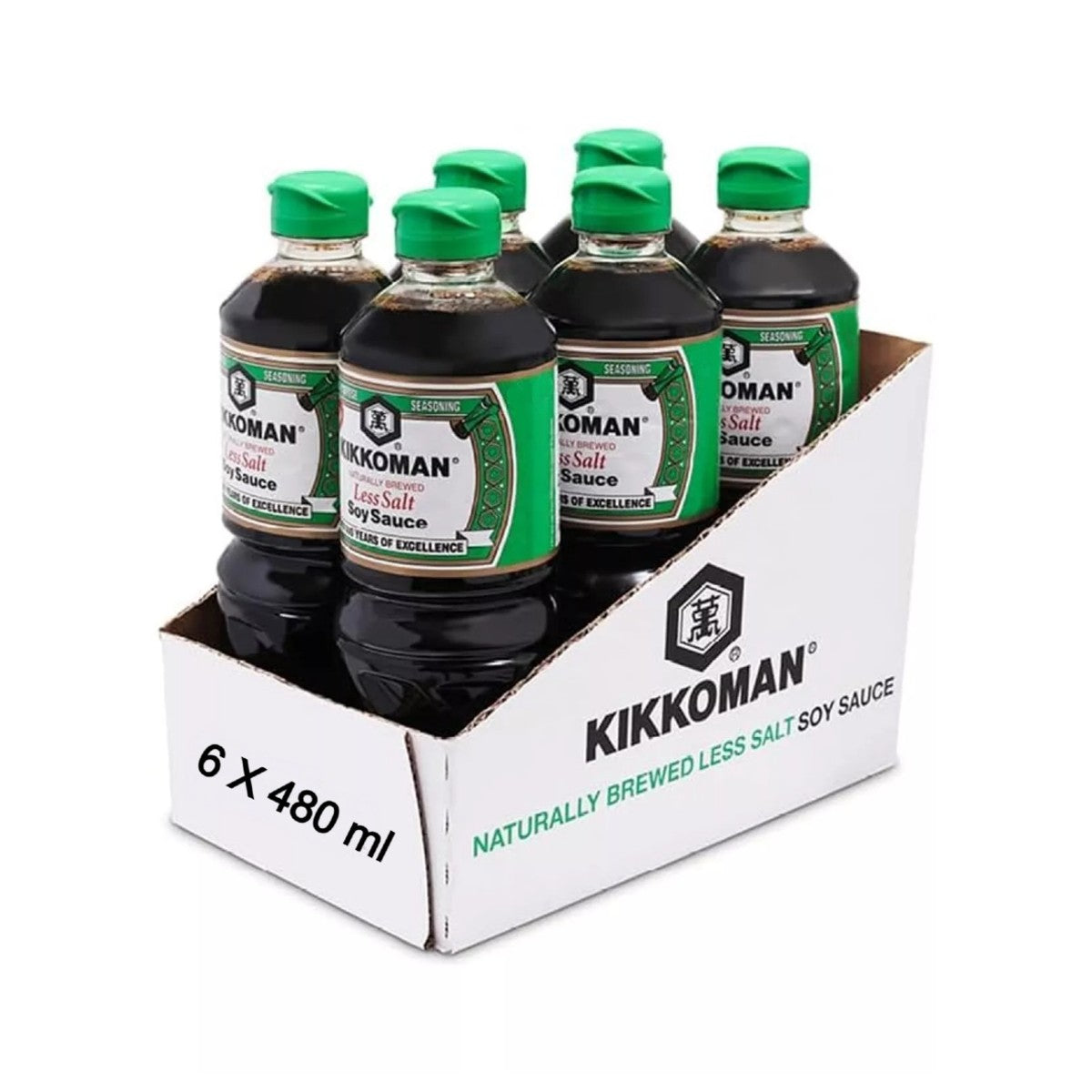 Kikkoman Less Salt Soy Sauce multipack showing six 480ml bottles with green caps arranged in a branded cardboard tray on a white background.