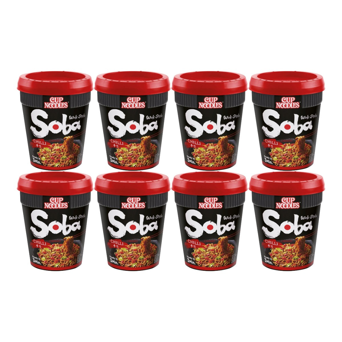 Nissin Soba Cup Noodles Chilli Flavour Wok Style 92g instant noodle cups multipack pack-of-8 with spicy Japanese-style wok noodles on white background