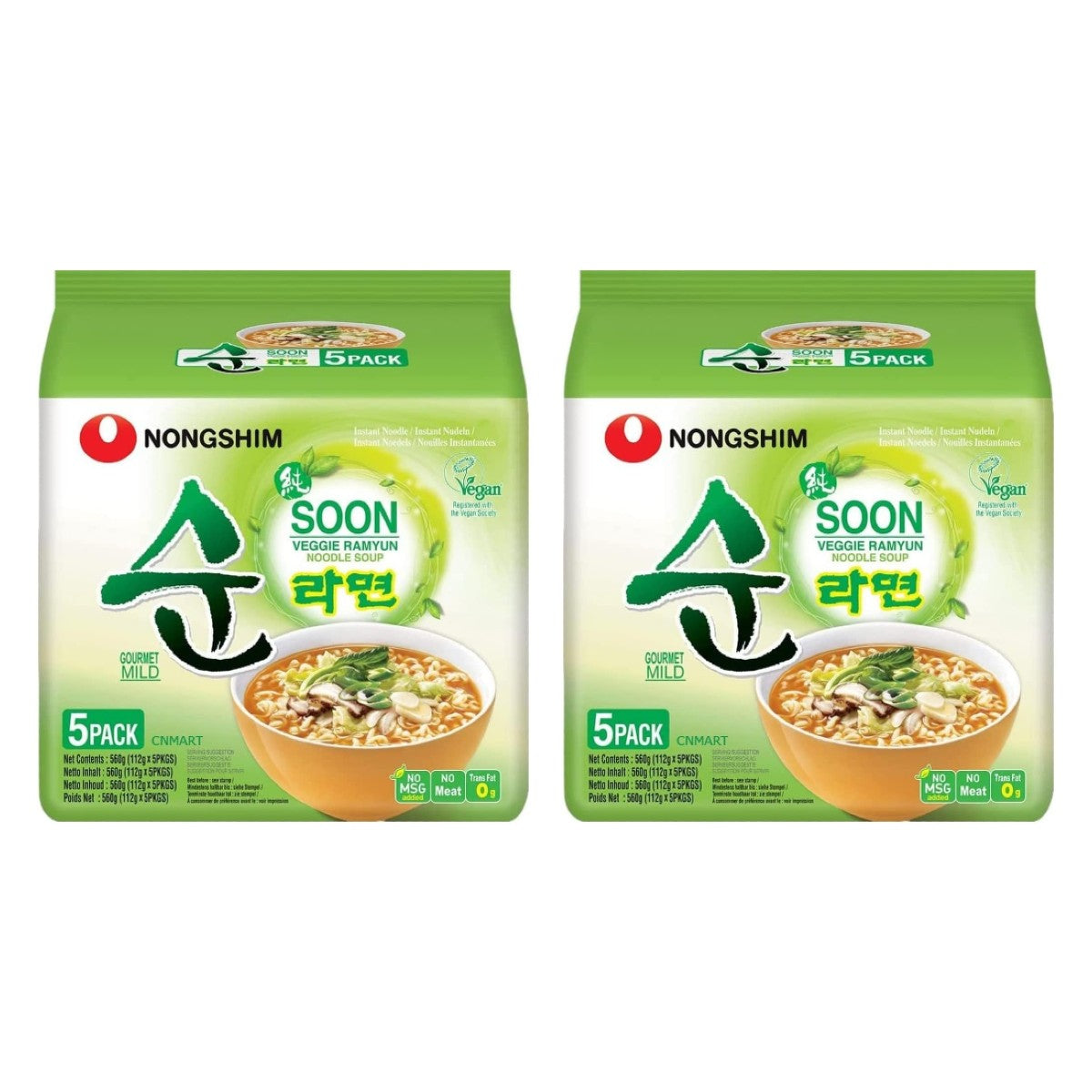 Nongshim Soon Veggie Ramyun Instant Noodle Soup Mild Halal 112g (Pack of 10)