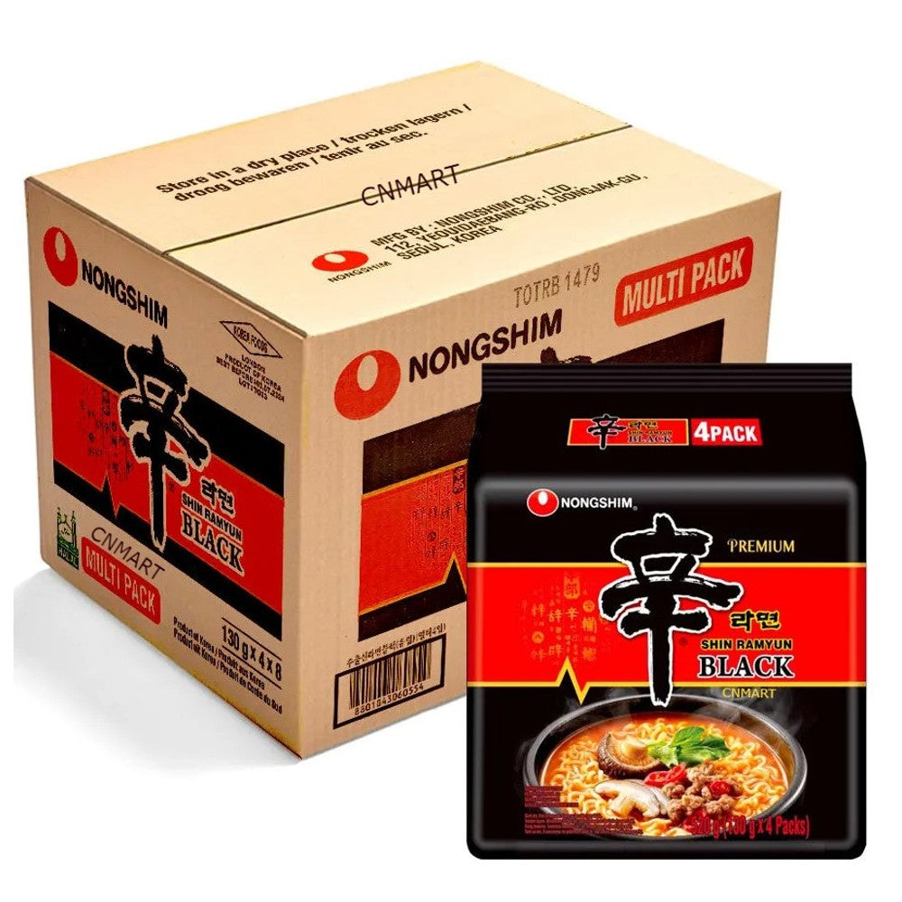 Nongshim Shin Ramyun Black 130g × 32 Pack carton with a 4 Pack bundle displayed in front, showing the black and red packaging and spicy beef bone broth ramen.