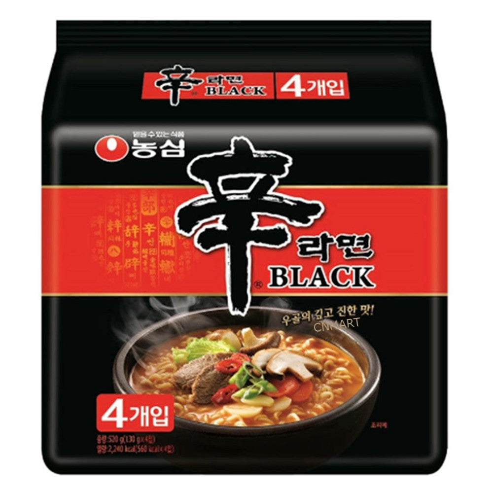 Front view of Nongshim Shin Ramyun Black 4 Pack showing the black and red packaging and a bowl of spicy beef bone broth ramen.