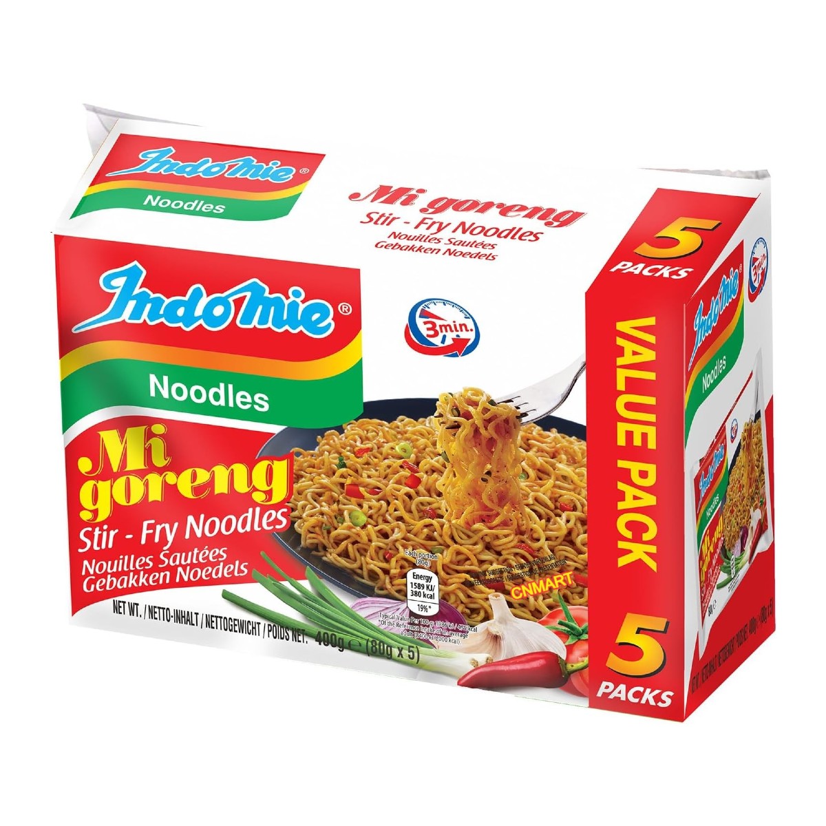 Indomie Mi Goreng stir-fry instant noodles value pack containing 5 individual noodle packs.