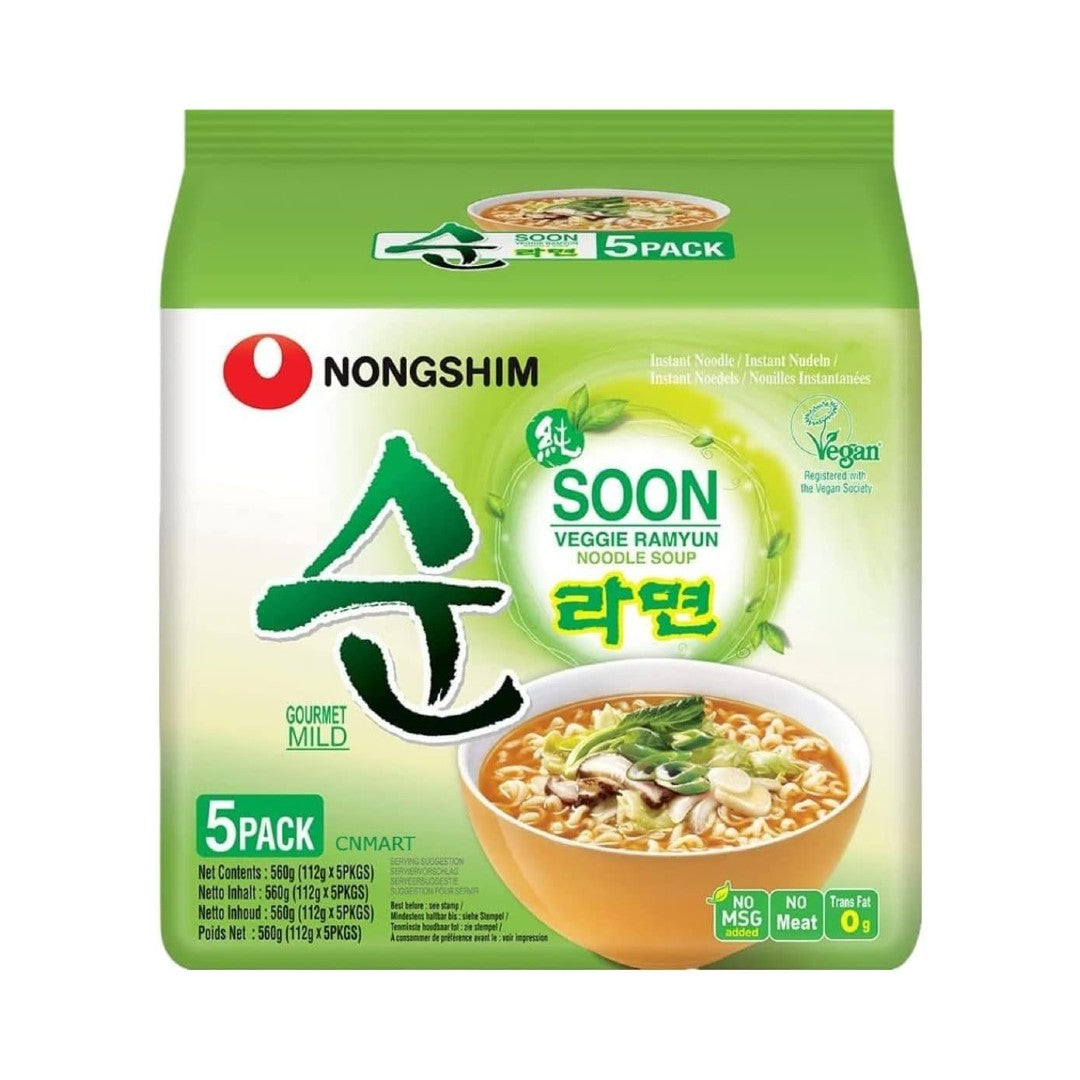Nongshim Soon Veggie Ramyun Instant Noodle Soup Mild Halal 112g (Pack of 5)