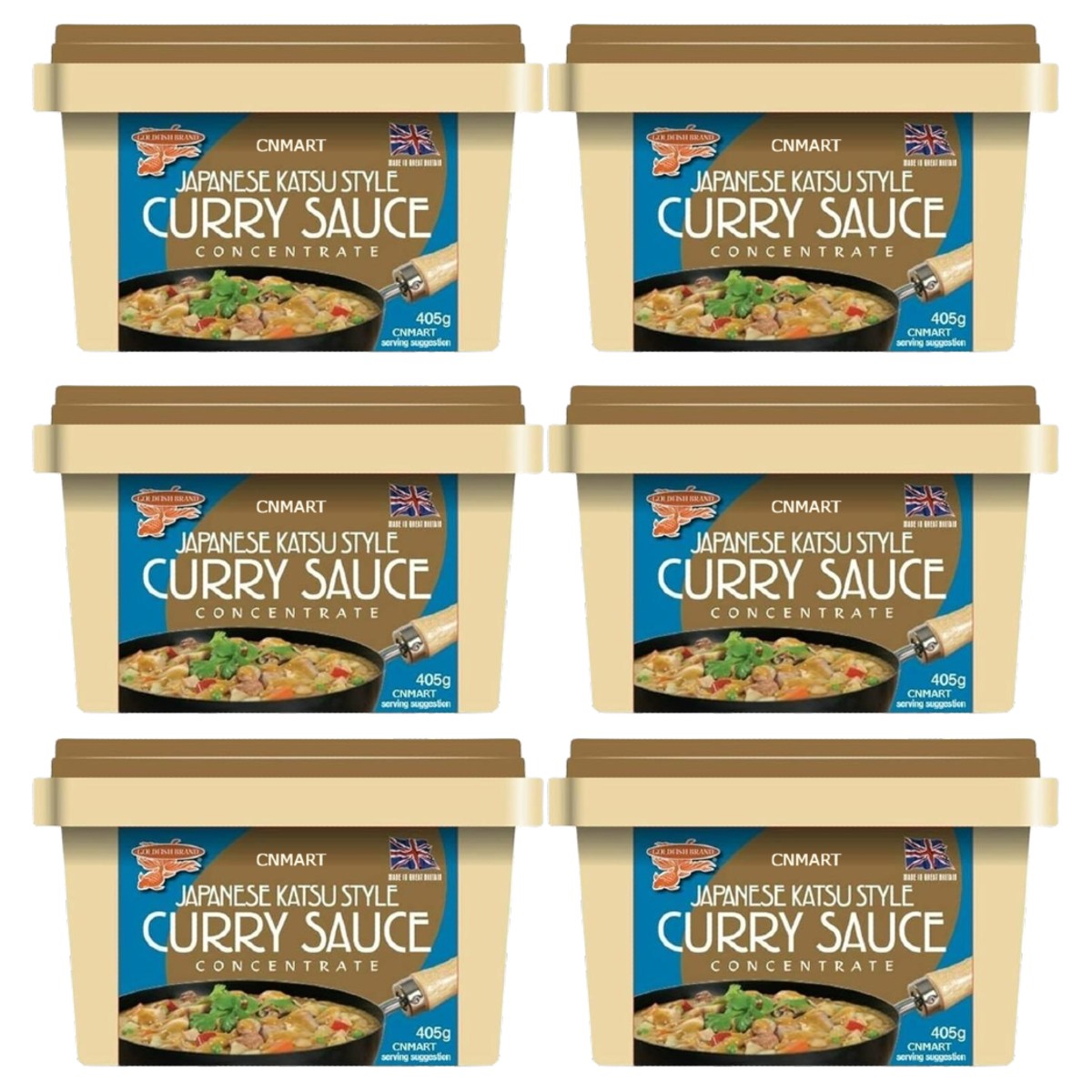 Six tubs of Goldfish Japanese Katsu Style Curry Sauce Paste Concentrate 405g in beige plastic tubs with blue labels and curry serving suggestion image