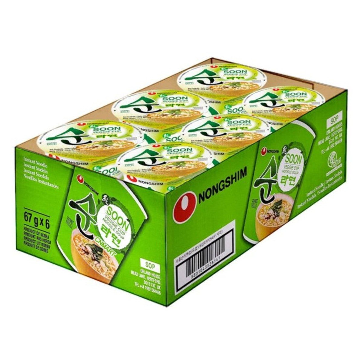 Six Nongshim Soon Veggie instant noodle cups in a green multi-pack tray showing the mild veggie cup lids and product branding.
