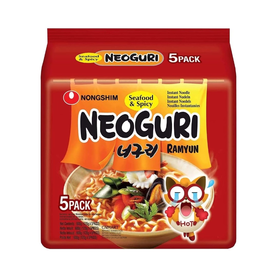 Nongshim Neoguri Seafood & Spicy Ramyun Hot Korean Ramen Noodles 120g Halal (Pack of 5)