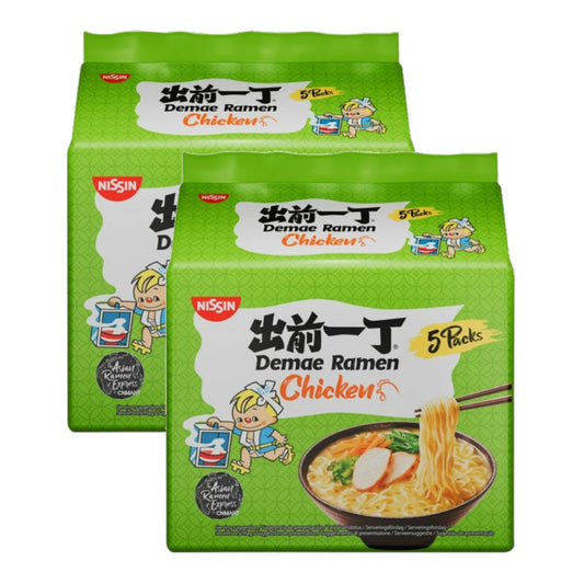 Nissin Demae Ramen Chicken Flavour Instant Noodles 100g Pack of 10 Multipack with Two Japanese Ramen 5-Pack Bundles and Savoury Chicken Noodle Soup Packaging