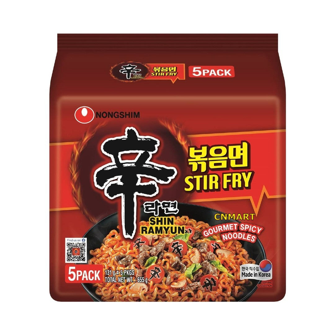 Nongshim Shin Ramyun Stir Fry Korean Spicy Instant Noodles multipack containing 5 packs, featuring thick stir fry style noodles with spicy Korean chilli flavour, made in Korea, 131g per pack.