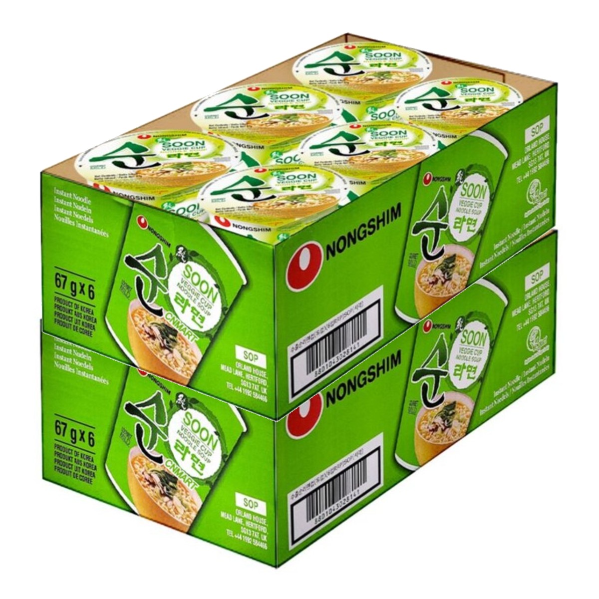 Nongshim Soon Veggie Cup Instant Noodle Ramen Soup 67g Multipack Display Case with Korean Vegetable Noodle Cups and Green Packaging Design