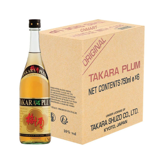 Takara Umeshu Japanese Plum Flavoured Wine 750ml Pack of 6 featuring six-bottle case packaging and sweet ume plum wine with 10% alcohol content suitable for gifting, hospitality and bulk purchase use.