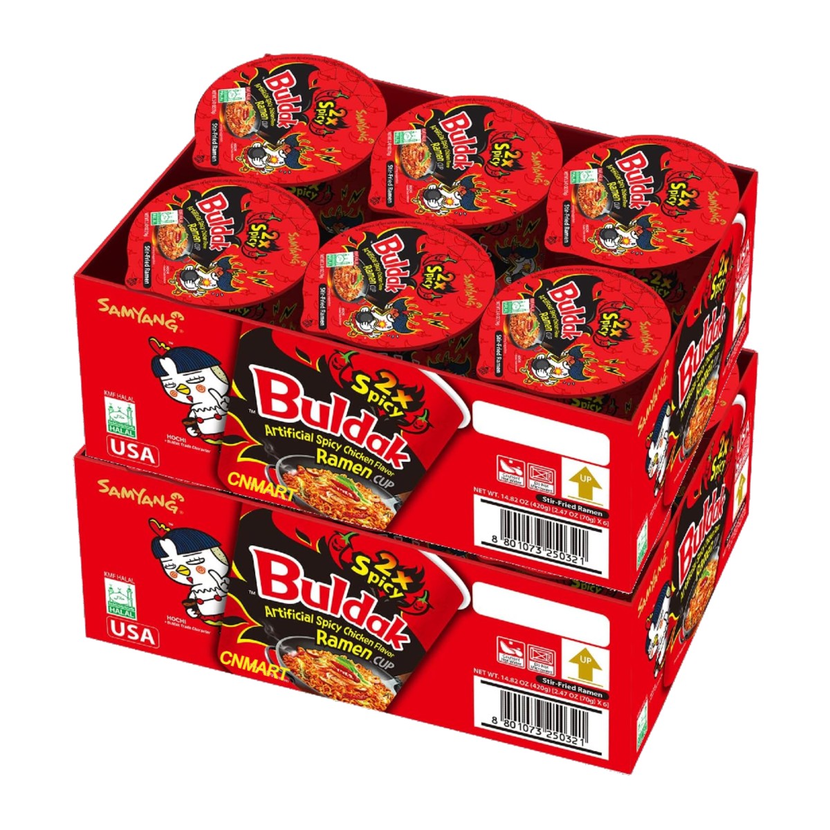 Samyang Buldak 2x Spicy Hot Chicken Flavour ramen cup multipack featuring Korean instant noodles with extremely spicy flavour in portable red noodle cups and retail tray packaging.