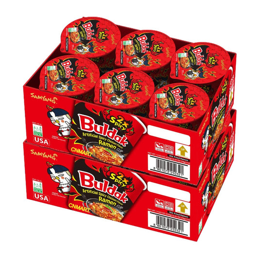 Samyang Buldak 2x Spicy Hot Chicken Flavour ramen cup multipack featuring Korean instant noodles with extremely spicy flavour in portable red noodle cups and retail tray packaging.