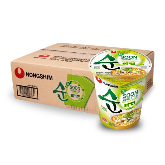 Box of 12 Nongshim Soon Veggie instant noodle cups with one mild veggie cup displayed in front of the carton.