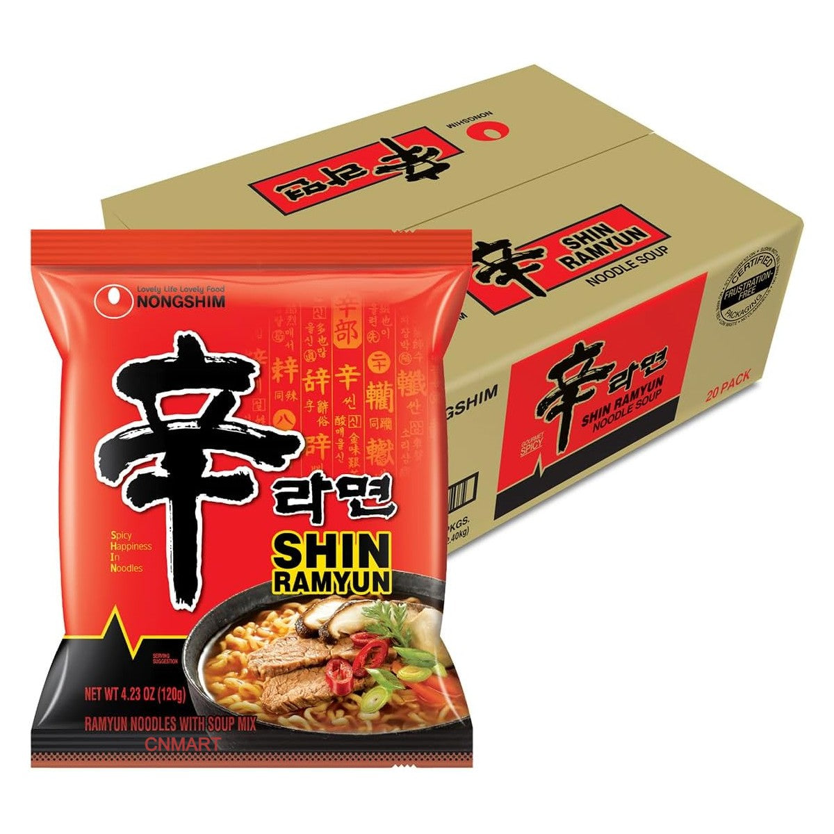 NongShim Shin Ramyun spicy instant noodle packet 120g with case of 20 packs Korean noodle soup packaging