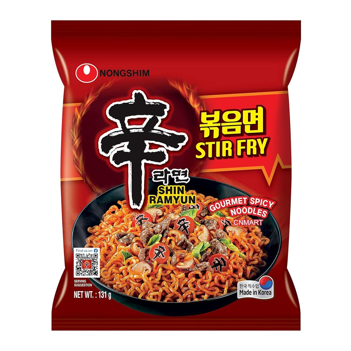 Nongshim Shin Ramyun Stir Fry 131g packet showing Korean spicy dry noodles on the packaging.