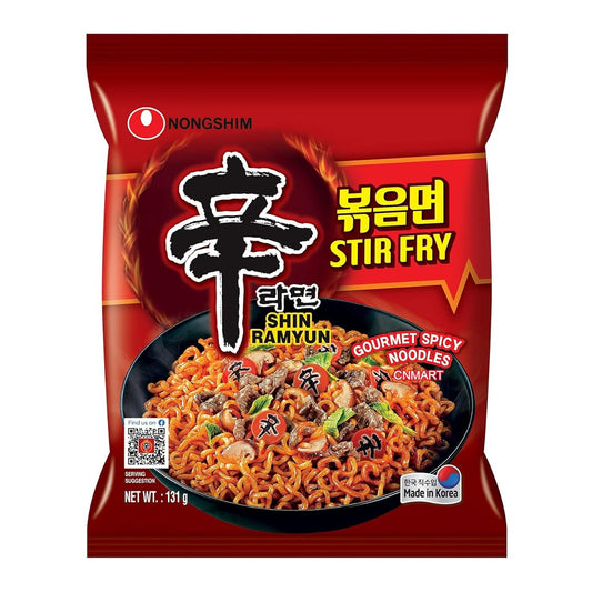 Nongshim Shin Ramyun Stir Fry 131g packet showing Korean spicy dry noodles on the packaging.