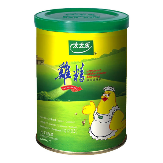 Totole Granulated Chicken Bouillon 1kg chicken flavour seasoning in green container with chicken mascot, granulated chicken seasoning powder for soups, stocks, noodles and savoury cooking.