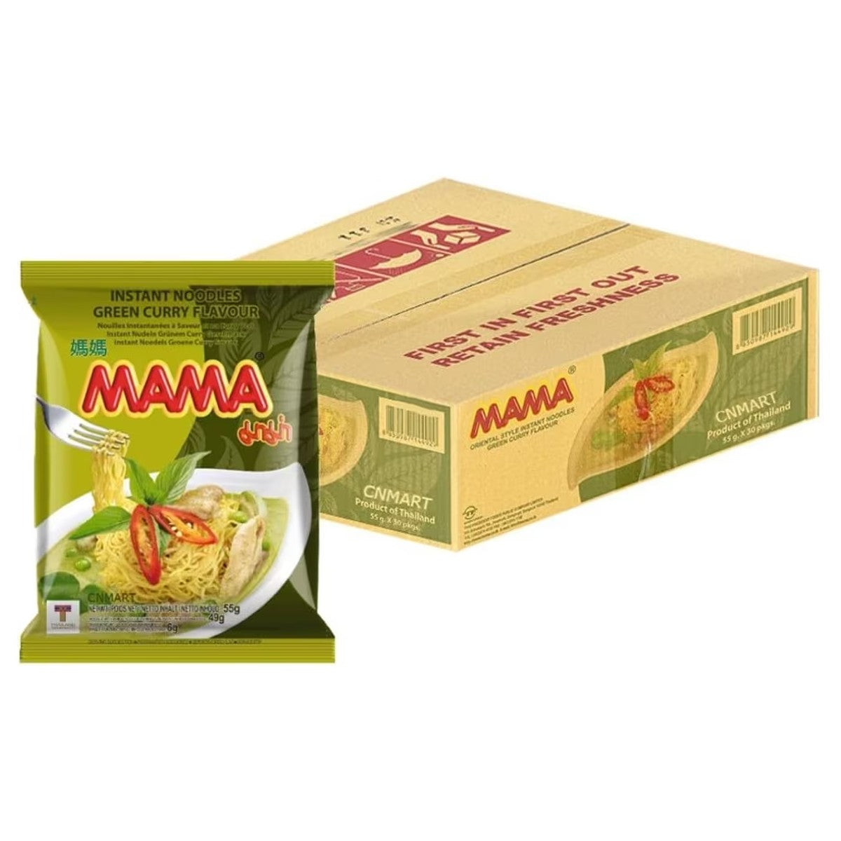 Mama Green Curry Flavour Oriental Style Instant Noodles 55g individual pack shown with 30-pack outer carton packaging.