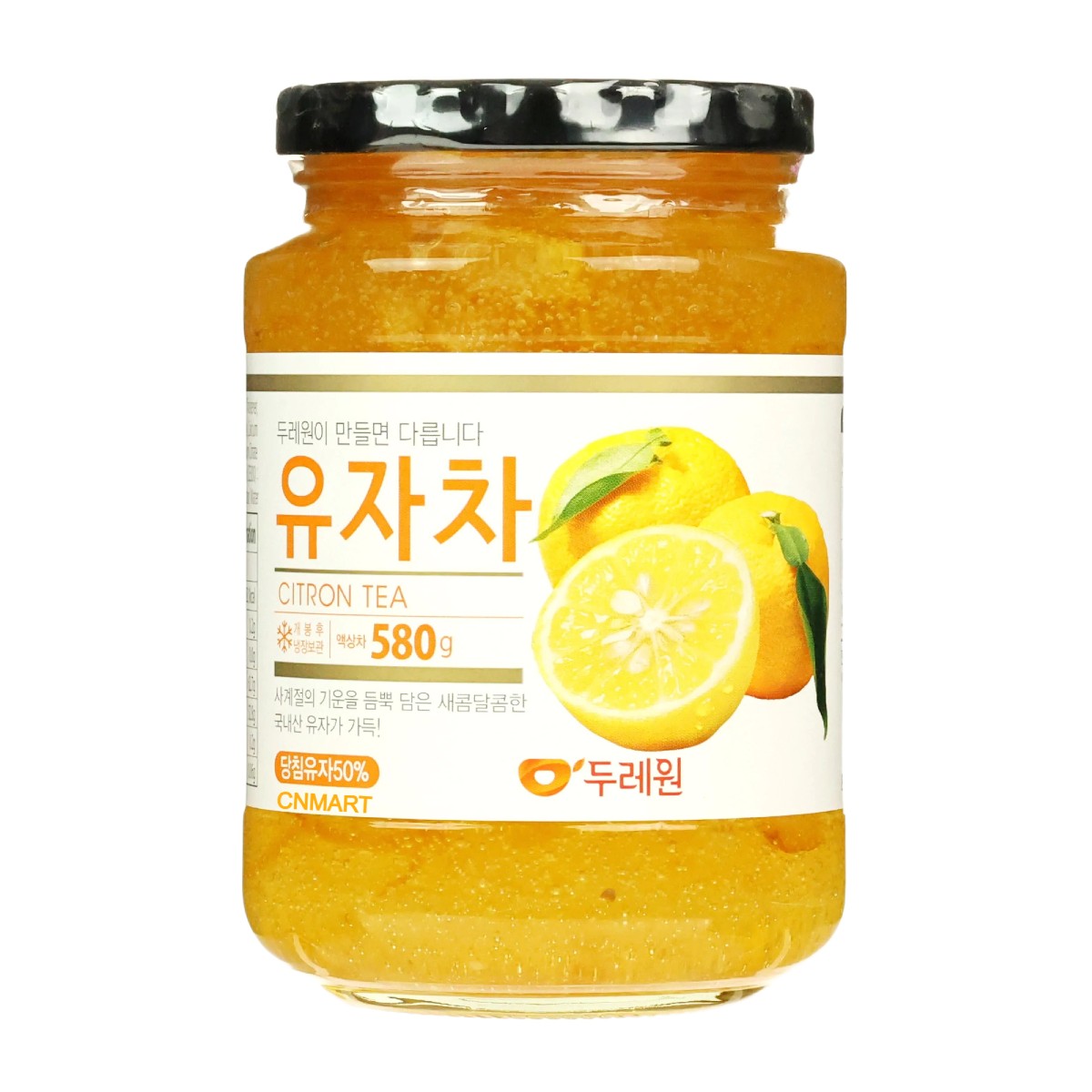 Dooraeone traditional Korean citron tea preserve 580g in a glass jar with sliced citron fruit and yellow citrus spread.