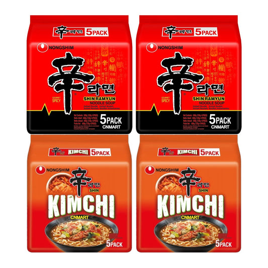 Nongshim Shin Ramyun and Kimchi instant noodle 5 pack bundles showing Korean spicy ramen packaging