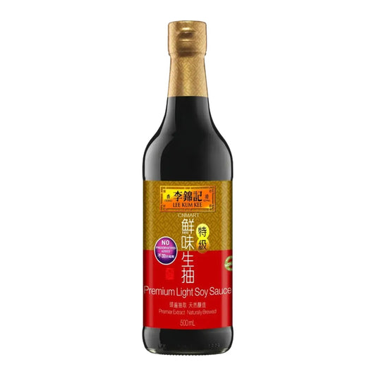 Lee Kum Kee Premium Light Soy Sauce 500ml bottle with gold cap and red label.