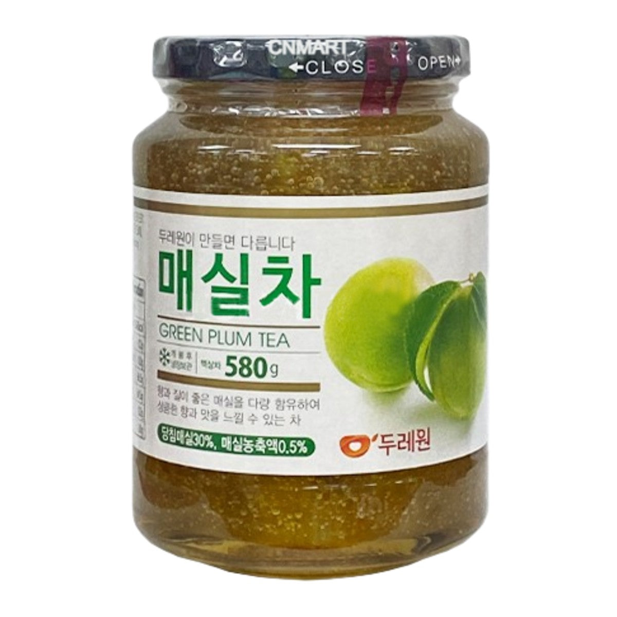 Dooraeone Traditional Korean Green Plum Tea Preserve 580g glass jar with green plum imagery on label against white background