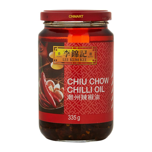 Lee Kum Kee Chiu Chow Chilli Oil 335g glass jar with red label showing chilli and garlic ingredients.