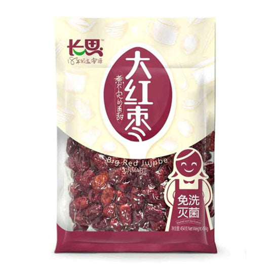 Choillse Big Red Jujube 454g dried red dates in sealed pouch packaging, showing whole dried fruits through clear window.