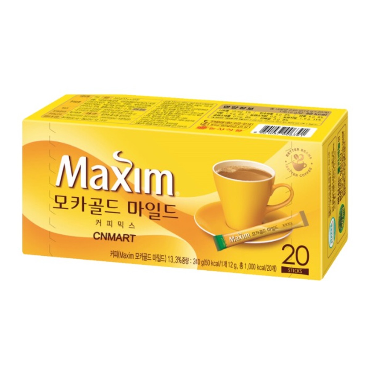 DongSuh Maxim Mocha Gold Mild Coffee Mix 240g box showing 20 individual sachets with mocha coffee cup illustration.