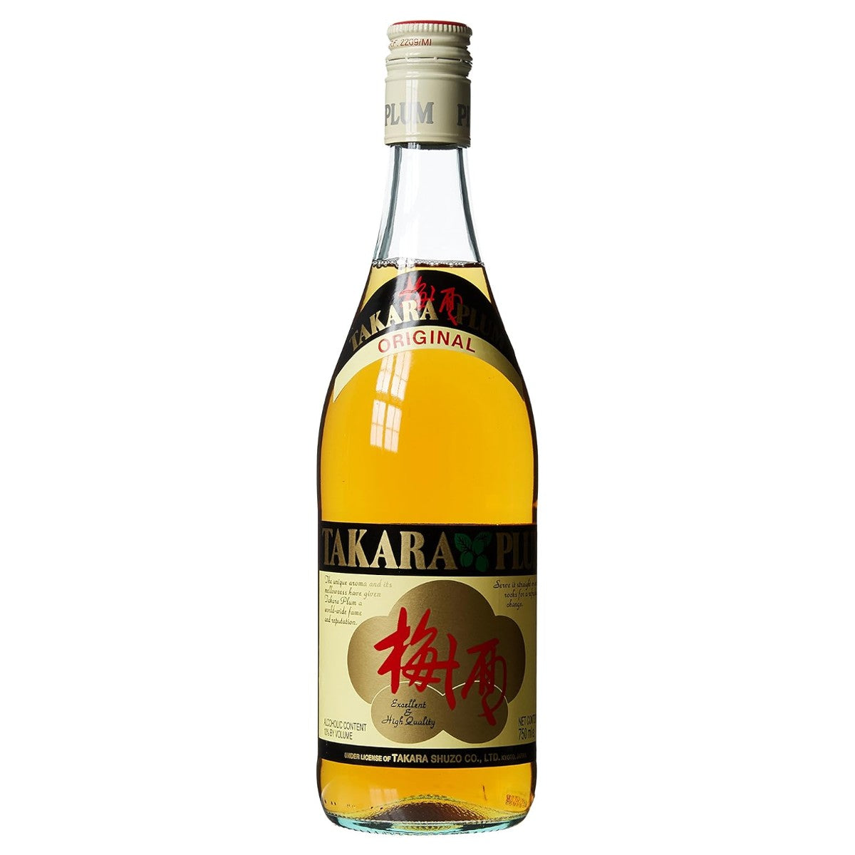 Takara Umeshu Japanese Plum Flavoured Wine 750ml bottle with golden amber plum wine in a clear glass bottle featuring traditional Japanese label design and 10% alcohol content