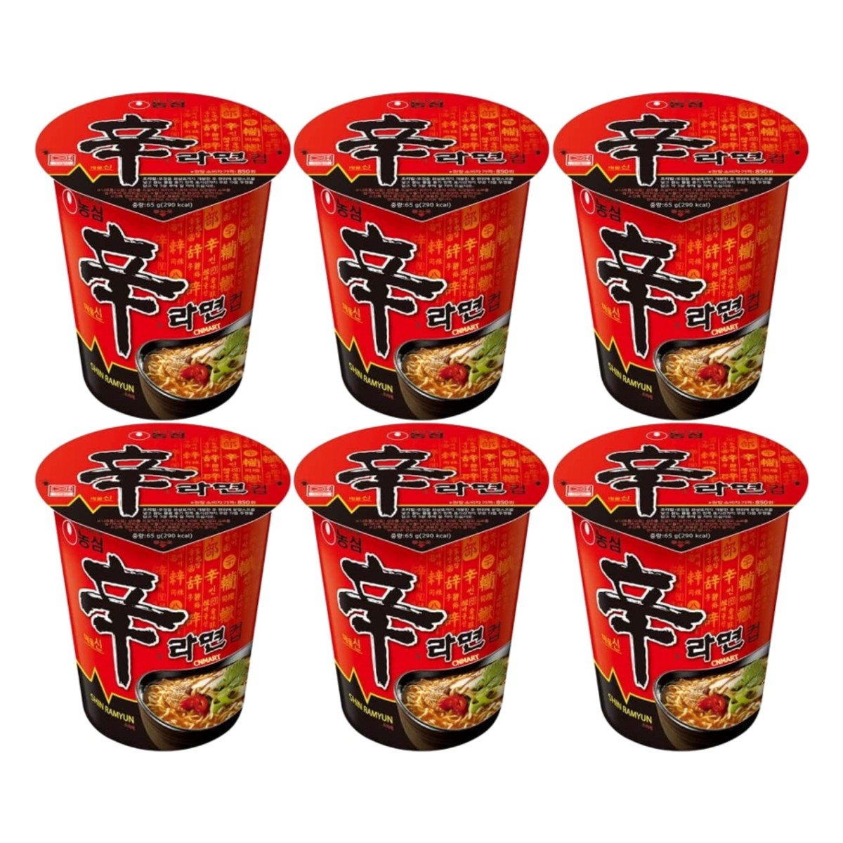 Six Nongshim Shin Cup spicy instant noodle cups arranged in two rows, showing the red packaging with bold black Shin logo and ramen bowl image.