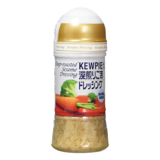 Kewpie Deep-Roasted Sesame Dressing 150ml bottle with no added MSG label, showing creamy sesame dressing and vegetables on the packaging.