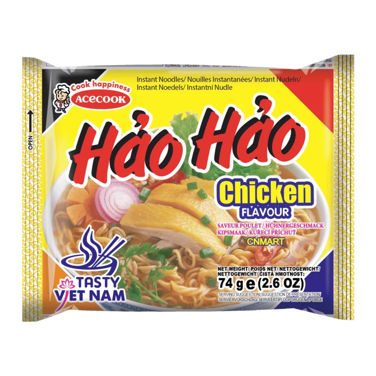 Acecook Hao Hao Chicken Flavour Instant Noodles 74g Vietnamese-style noodle packet with chicken image on yellow packaging