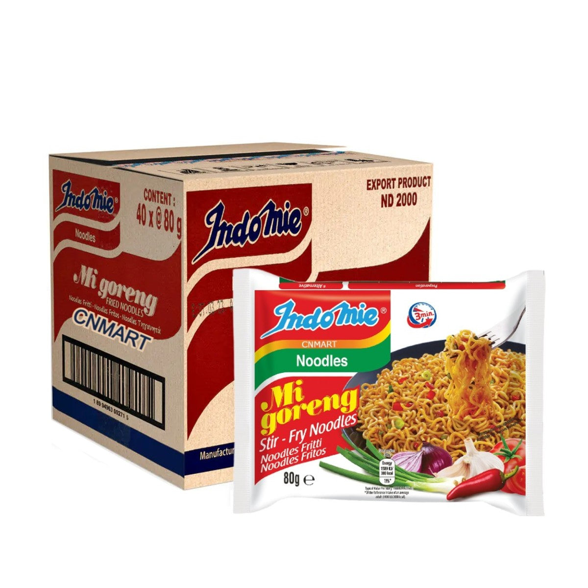 Indomie Mi Goreng stir-fry instant noodles 80g retail packet shown with a cardboard pack of 40 individual noodle packs.