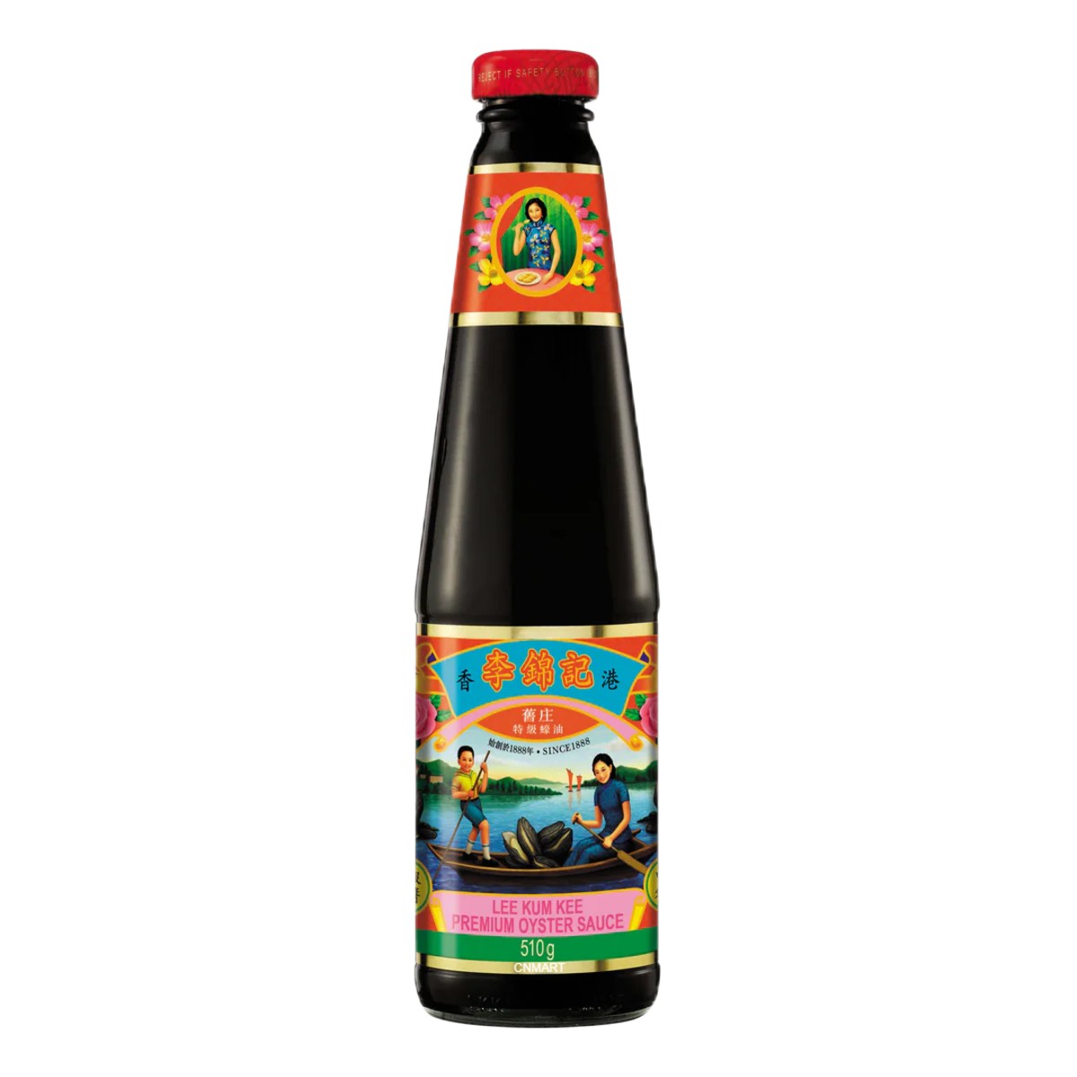Lee Kum Kee Premium Oyster Sauce 510g glass bottle with colourful traditional label and red cap.