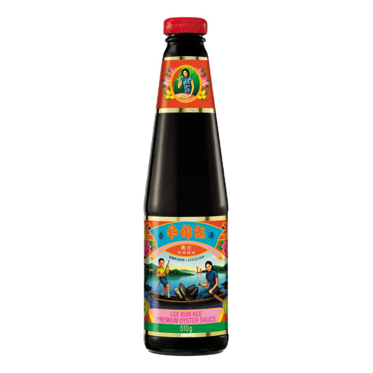 Lee Kum Kee Premium Oyster Sauce 510g glass bottle with colourful traditional label and red cap.