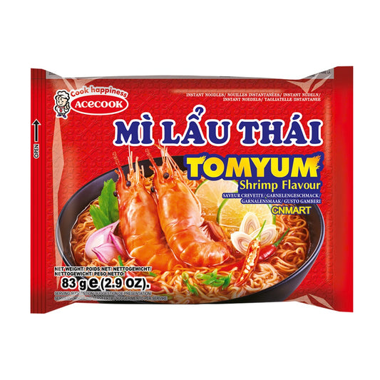 Acecook Mi Lau Thai Tom Yum Shrimp Flavour Instant Noodles 83g Thai-style noodle packet with shrimp, lime and chilli imagery on red packaging