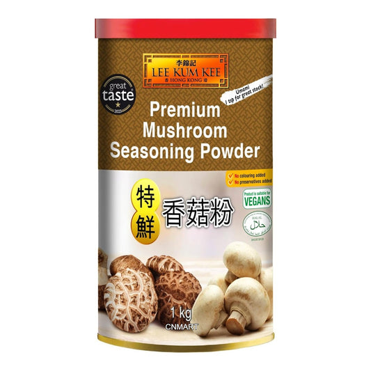Lee Kum Kee Premium Mushroom Seasoning Powder 1kg tin with brown label, red lid, shiitake and button mushroom images, and vegan and halal icons.