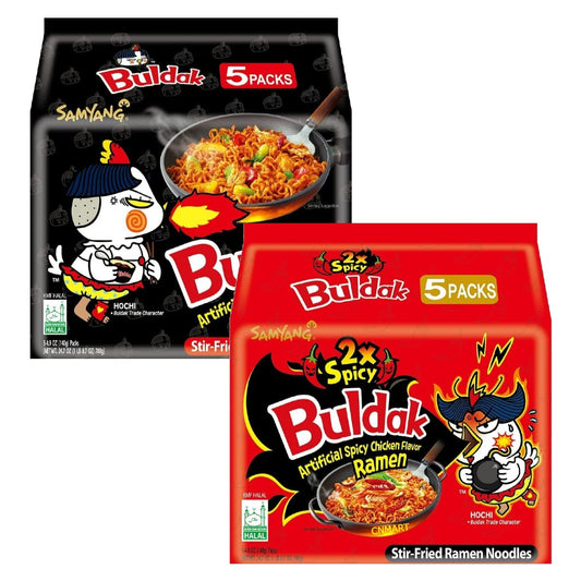 Samyang Buldak Hot Chicken and Double Spicy Korean ramen instant noodles variety pack with chewy stir-fried noodles, spicy chicken flavour and viral Korean fire noodle challenge packs of 10