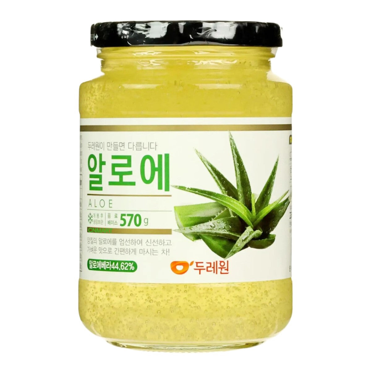 Dooraeone traditional Korean aloe tea preserve 570g in a glass jar with visible aloe pieces and green aloe illustration.