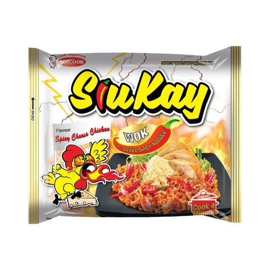 Acecook SiuKay Spicy Instant Noodles packet showing spicy cheese chicken flavour with wok-style noodles, chilli peppers, sliced chicken illustration, and bold yellow SiuKay branding on silver packaging.